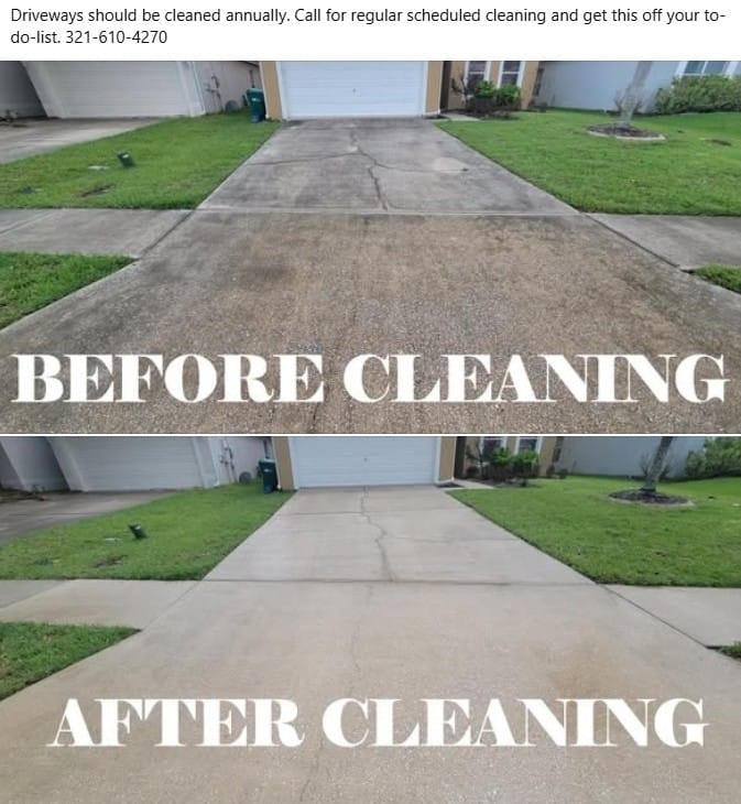 Concrete driveway pressure washing before and after in Brevard County, FL