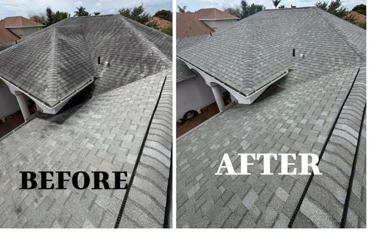 Soft-wash roof cleaning before and after on a Brevard County, FL home