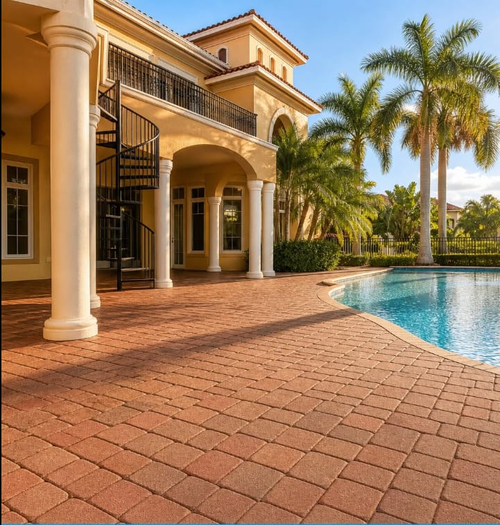 Freshly tinted and sealed paver pool deck and patio at a Rockledge, FL estate home