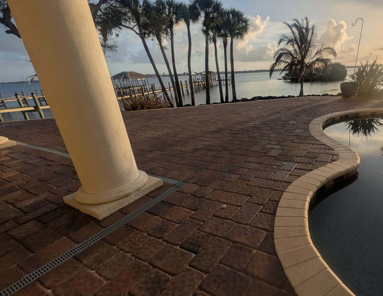 Restored paver patio overlooking the Indian River at a Rockledge, FL estate