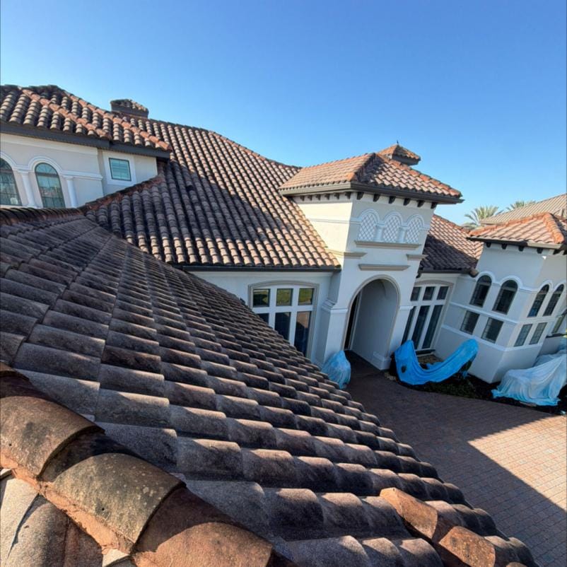Close-up of algae-stained tile roof sections before soft washing at a Viera, FL home
