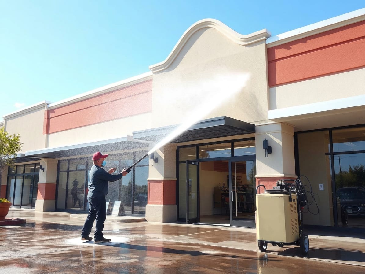 Jacobs Pressure Cleaning technician washing a commercial exterior in Brevard County, FL